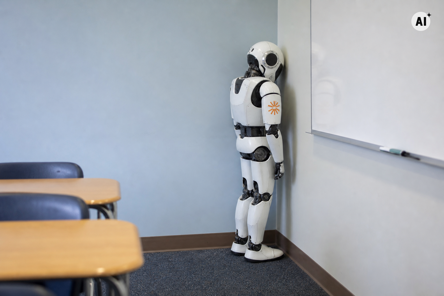 Een robot staat met het gezicht tegen de muur in een leeg klaslokaal