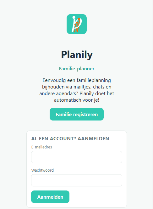 Planily loginscherm